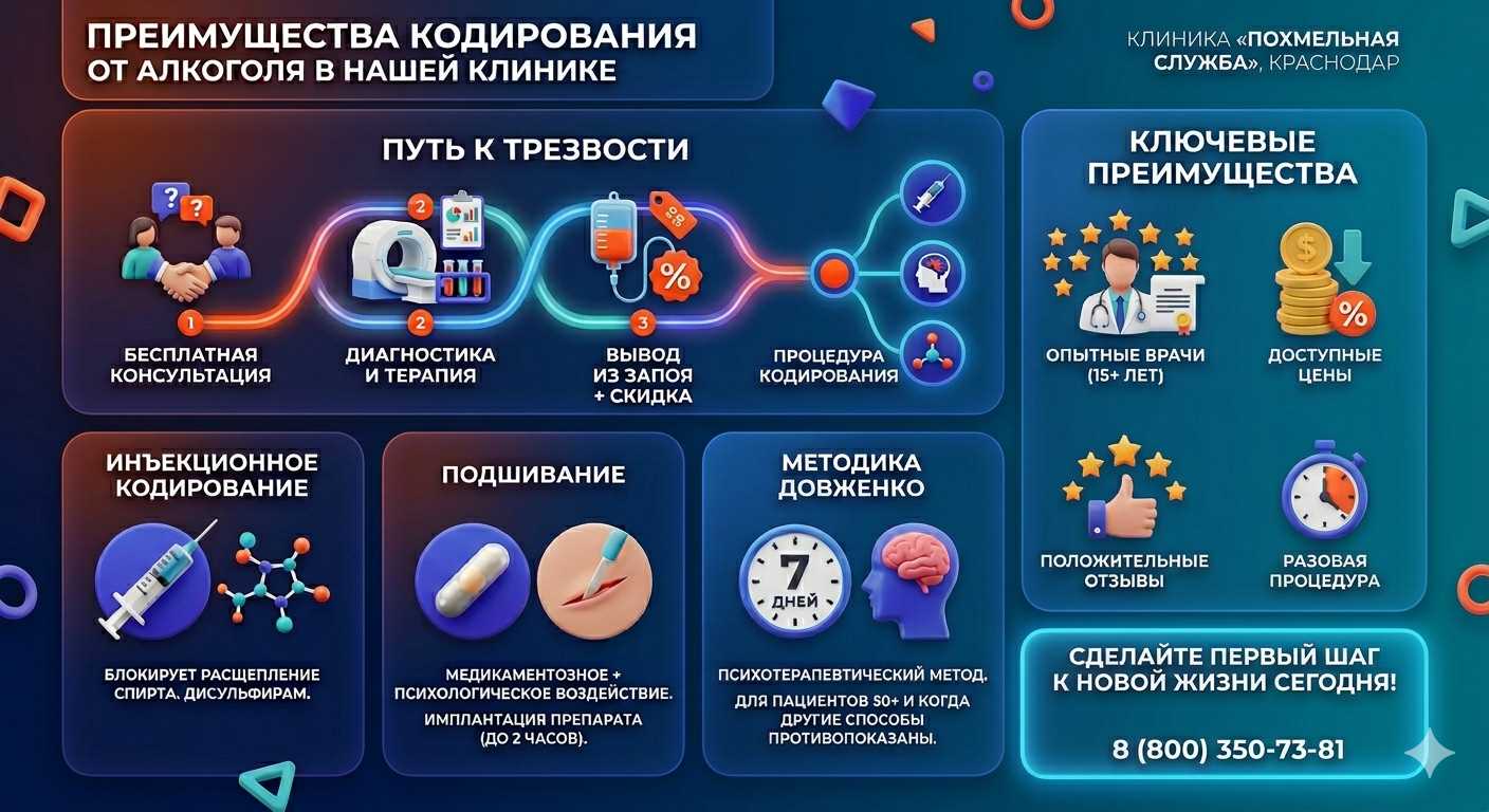 Инфографика о методах кодирования от алкоголя в Ивделе: инъекции, подшивание, метод Довженко. Преимущества клиники и этапы лечения.